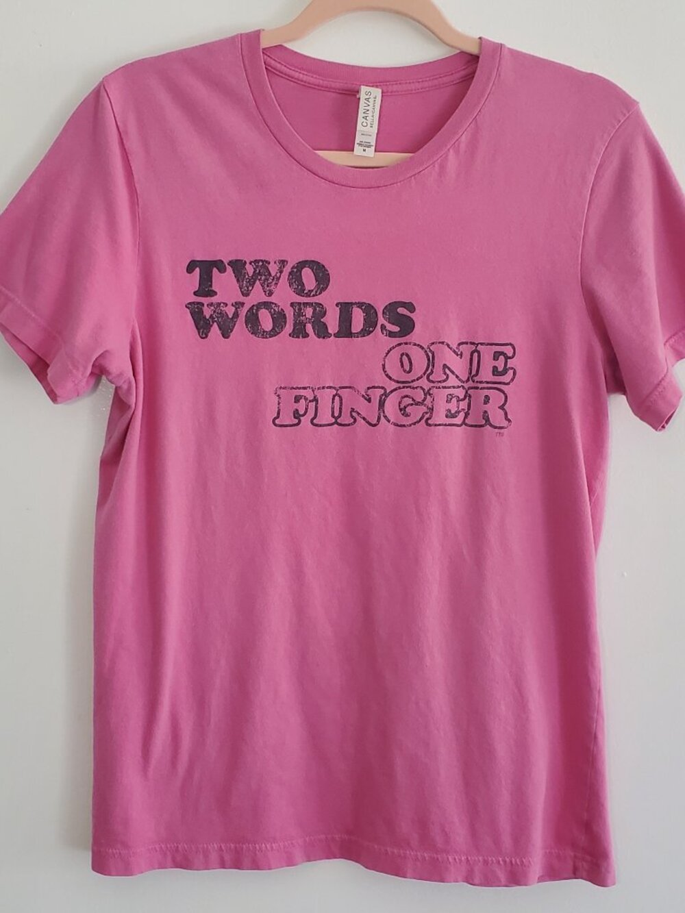 Bella+Canvas Pink "Two Words One Finger" Graphic Tee Sarcastic Funny Size MEDIUM